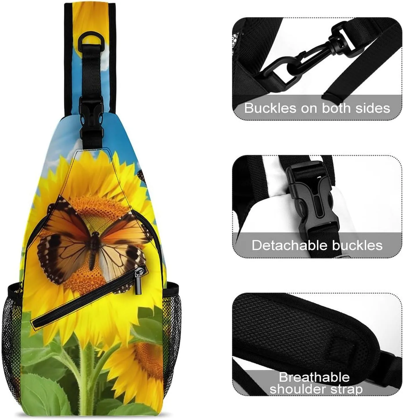 Lightweight Chest Bag Crossbody Bag Sunflower Butterfly Sling Backpack for Women Men Sports Travel