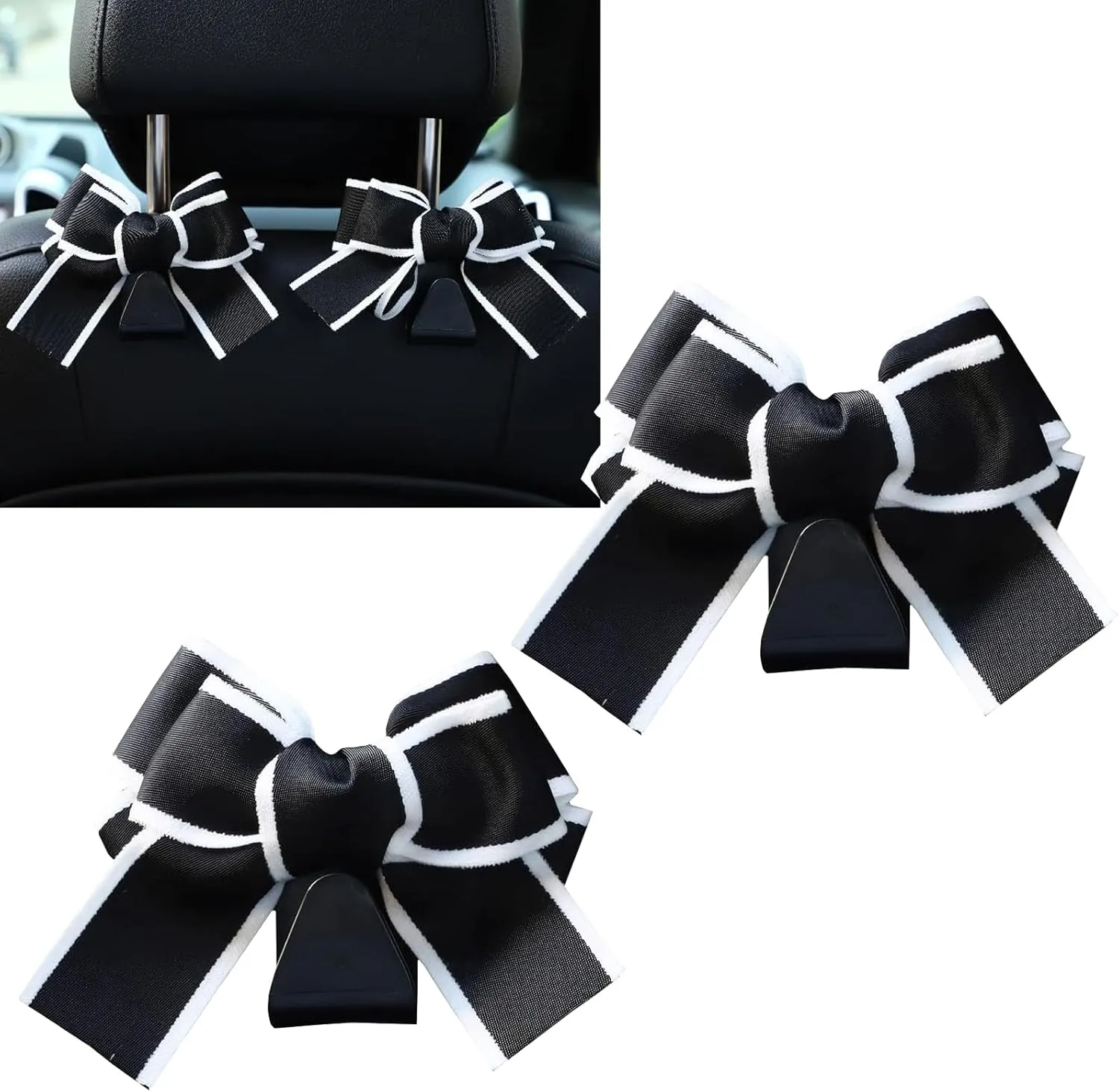 Pack-2 Car Bow Seat Headrest Hook, Cute Creative Hidden Decoration, Bow Car Hooks, Multi-function Hanging Organizer for Backpack Grocery Bag, Universal for Most Cars (Black)