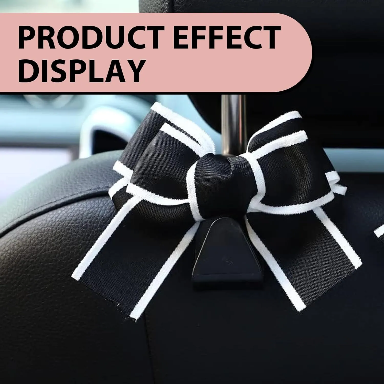 Pack-2 Car Bow Seat Headrest Hook, Cute Creative Hidden Decoration, Bow Car Hooks, Multi-function Hanging Organizer for Backpack Grocery Bag, Universal for Most Cars (Black)