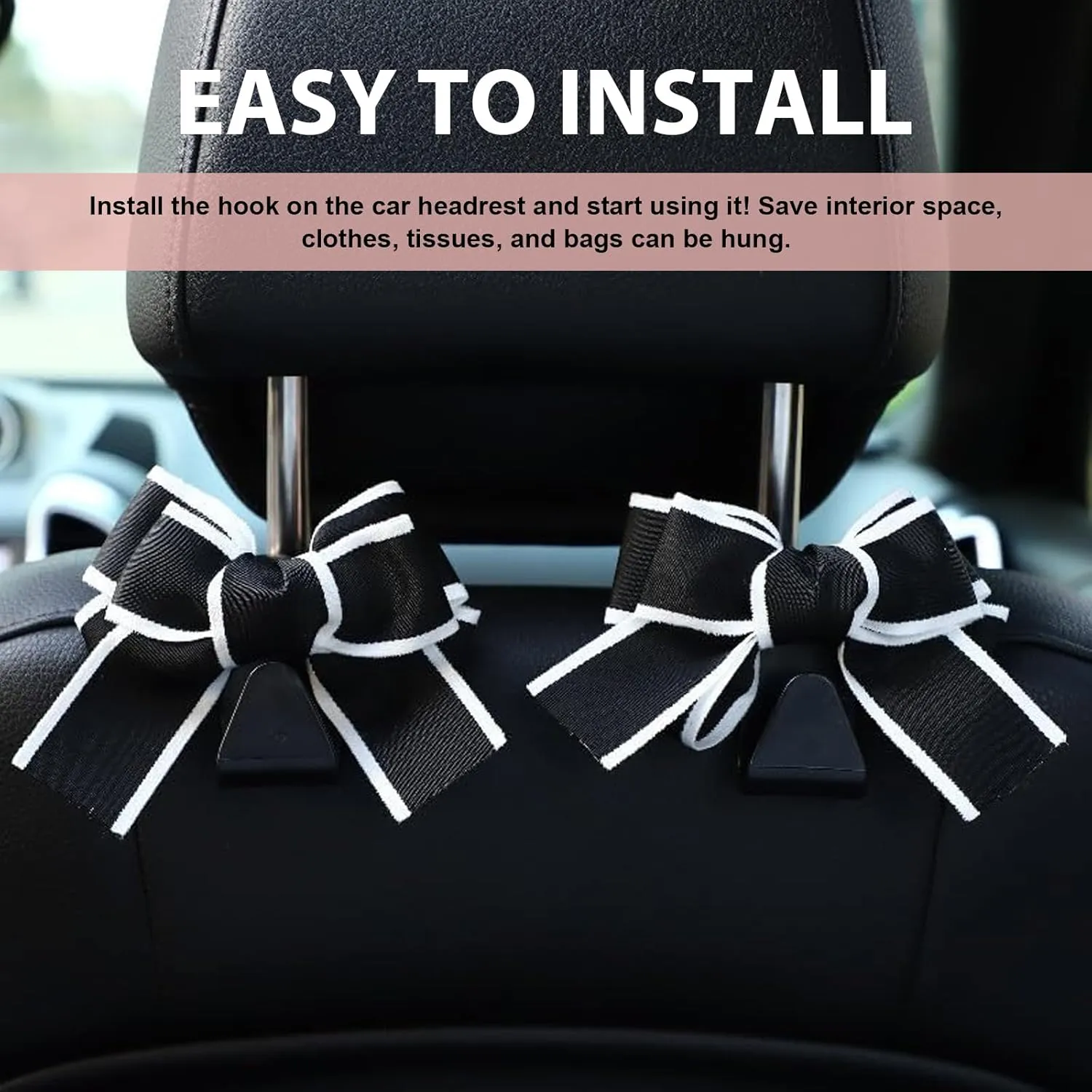 Pack-2 Car Bow Seat Headrest Hook, Cute Creative Hidden Decoration, Bow Car Hooks, Multi-function Hanging Organizer for Backpack Grocery Bag, Universal for Most Cars (Black)