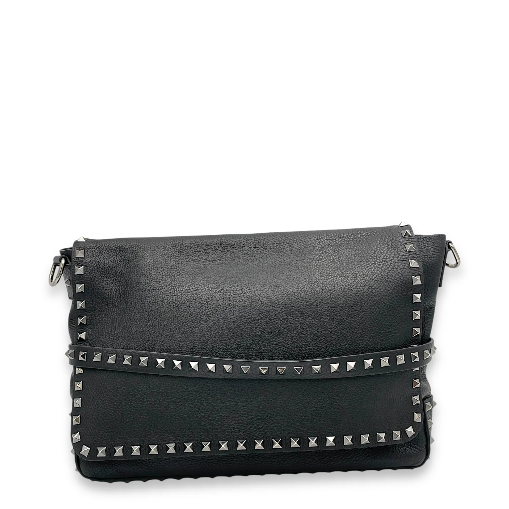 Rockstud Flap Black Messenger in Calfskin, Silver hardware