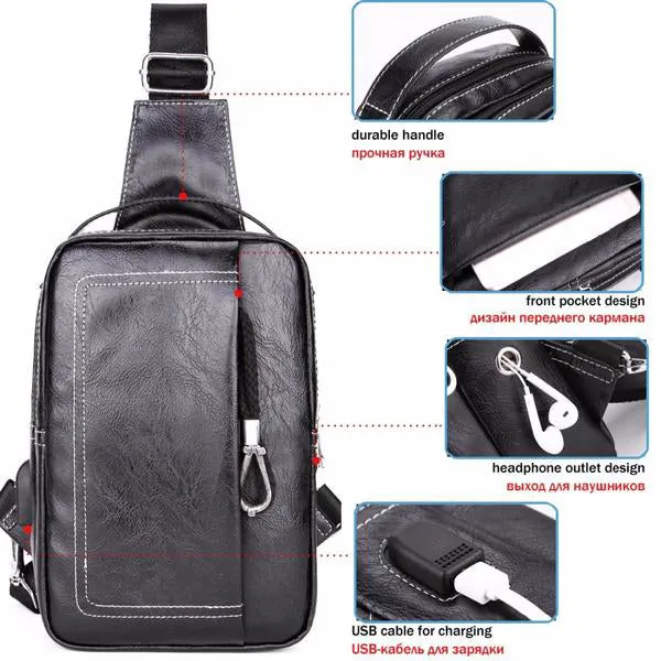 Sidiou Group Double Pocket USB Charging PU Leather Messenger Bag With Headphone Outlet Sling Bags