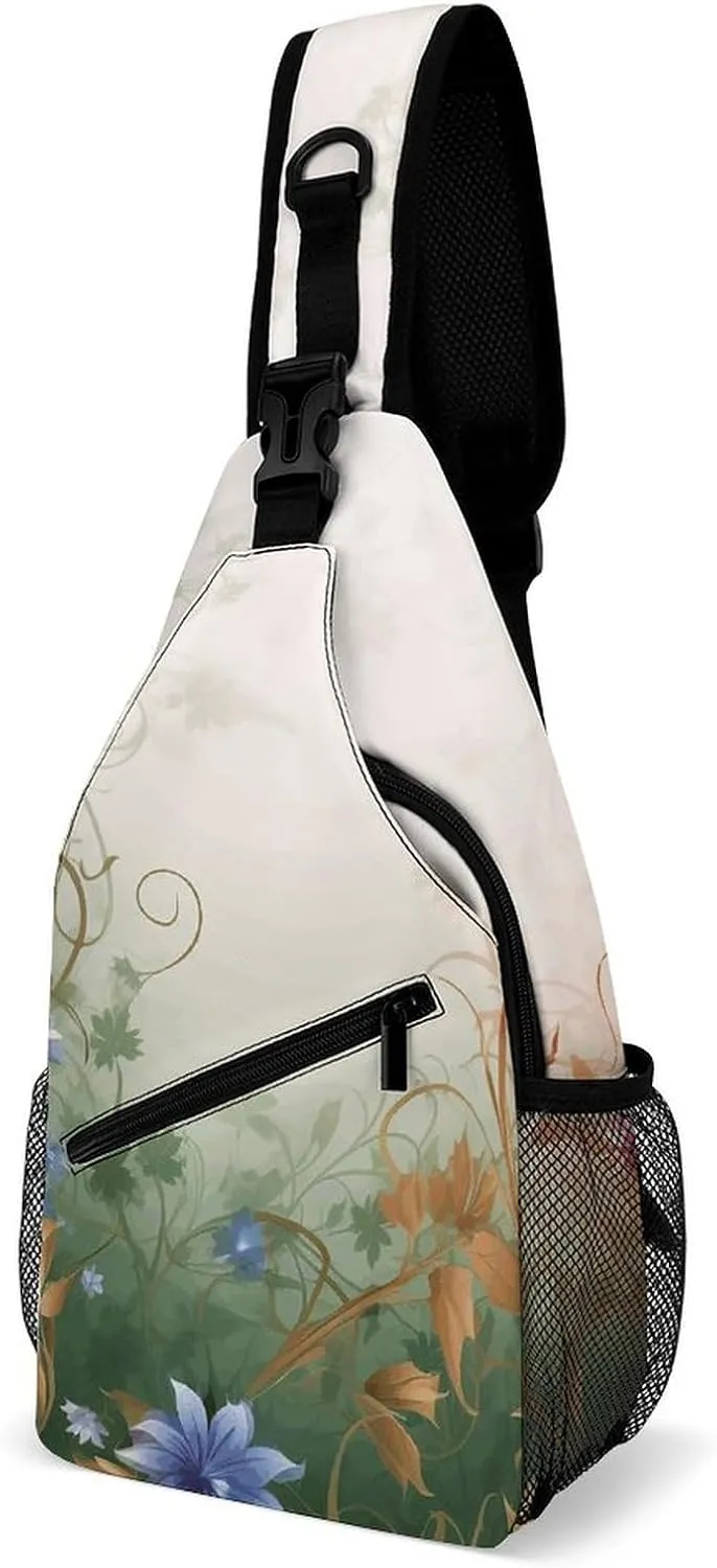 Sling Backpack for Women Men Crossbody Chest Bag Fanny Pack Floral Swirls Ivy Sling Bag for Hiking Travel