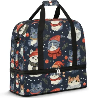 Sports Duffel Bag, Foldable Woodland Holly Christmas Holiday Travel Duffel Bag, Gym Yoga Beach Bag Weekender Overnight Bag with Shoes Compartment for Men Women, Cute Cat