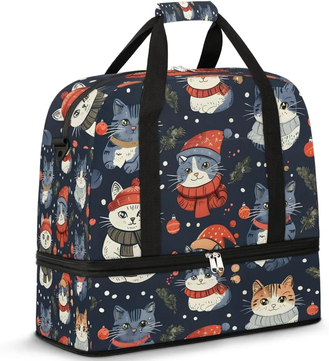 Sports Duffel Bag, Foldable Woodland Holly Christmas Holiday Travel Duffel Bag, Gym Yoga Beach Bag Weekender Overnight Bag with Shoes Compartment for Men Women, Cute Cat
