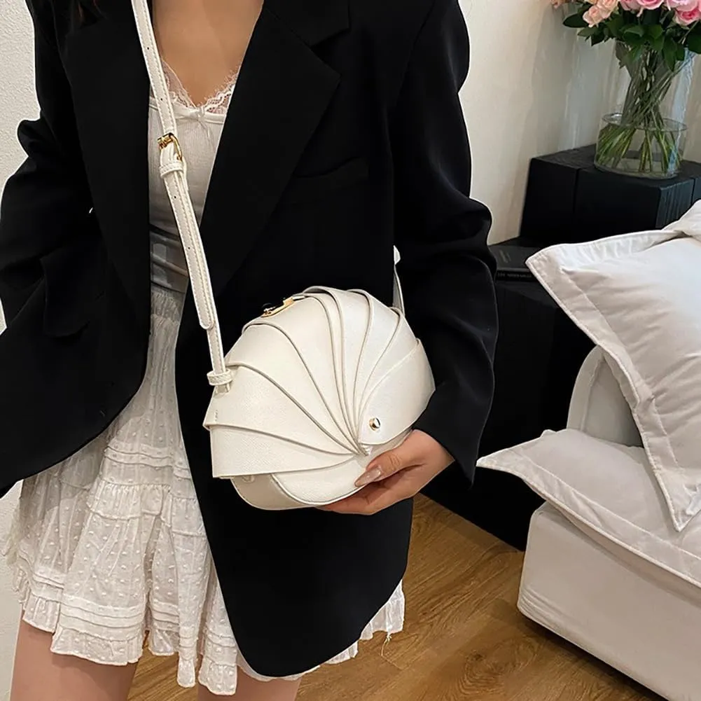 Stylish Fan Shaped Pleated Half Moon Handbag for Women, PU Leather Cute Funny Top-handle Hobo Crescent Crossbody Bag Clutch