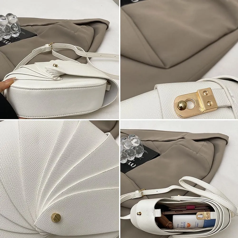 Stylish Fan Shaped Pleated Half Moon Handbag for Women, PU Leather Cute Funny Top-handle Hobo Crescent Crossbody Bag Clutch