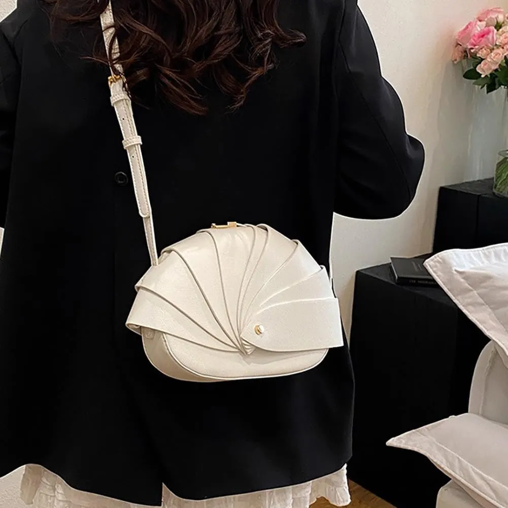 Stylish Fan Shaped Pleated Half Moon Handbag for Women, PU Leather Cute Funny Top-handle Hobo Crescent Crossbody Bag Clutch