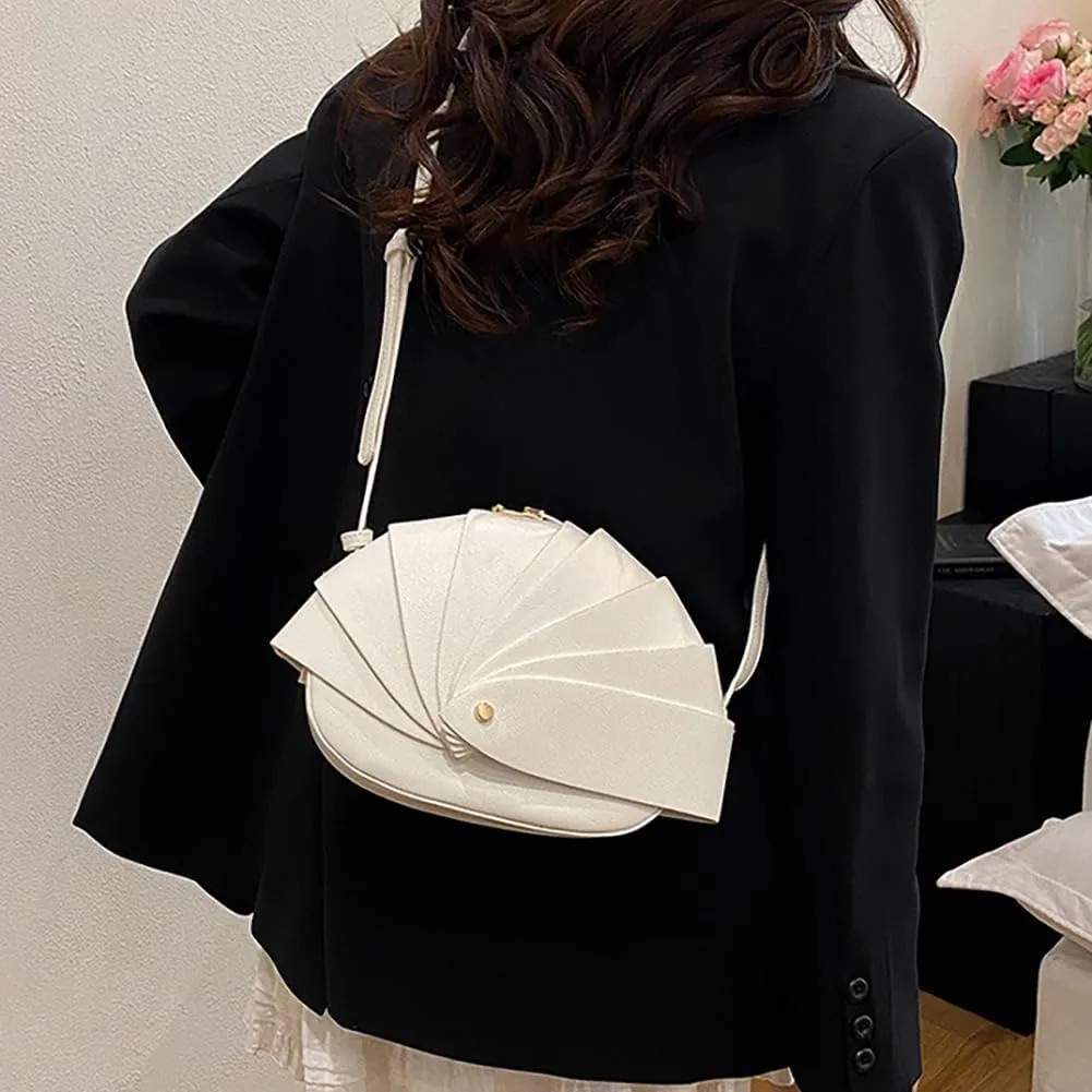 Stylish Fan Shaped Pleated Half Moon Handbag for Women, PU Leather Cute Funny Top-handle Hobo Crescent Crossbody Bag Clutch