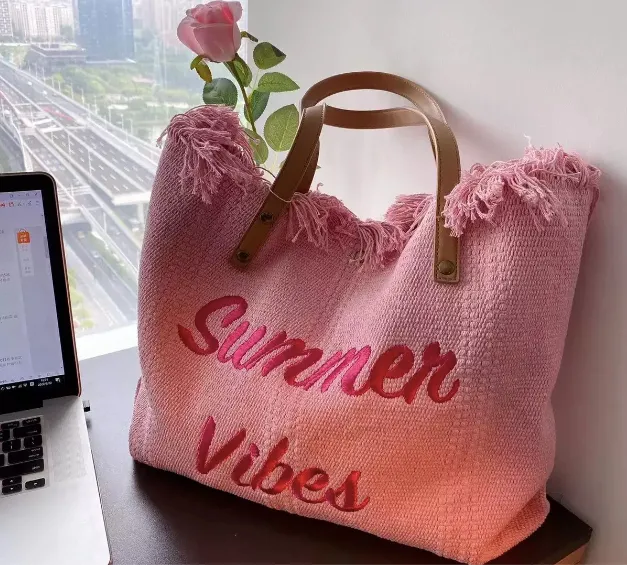 Summer Vibes Large Woven Canvas Totes (Color Options)
