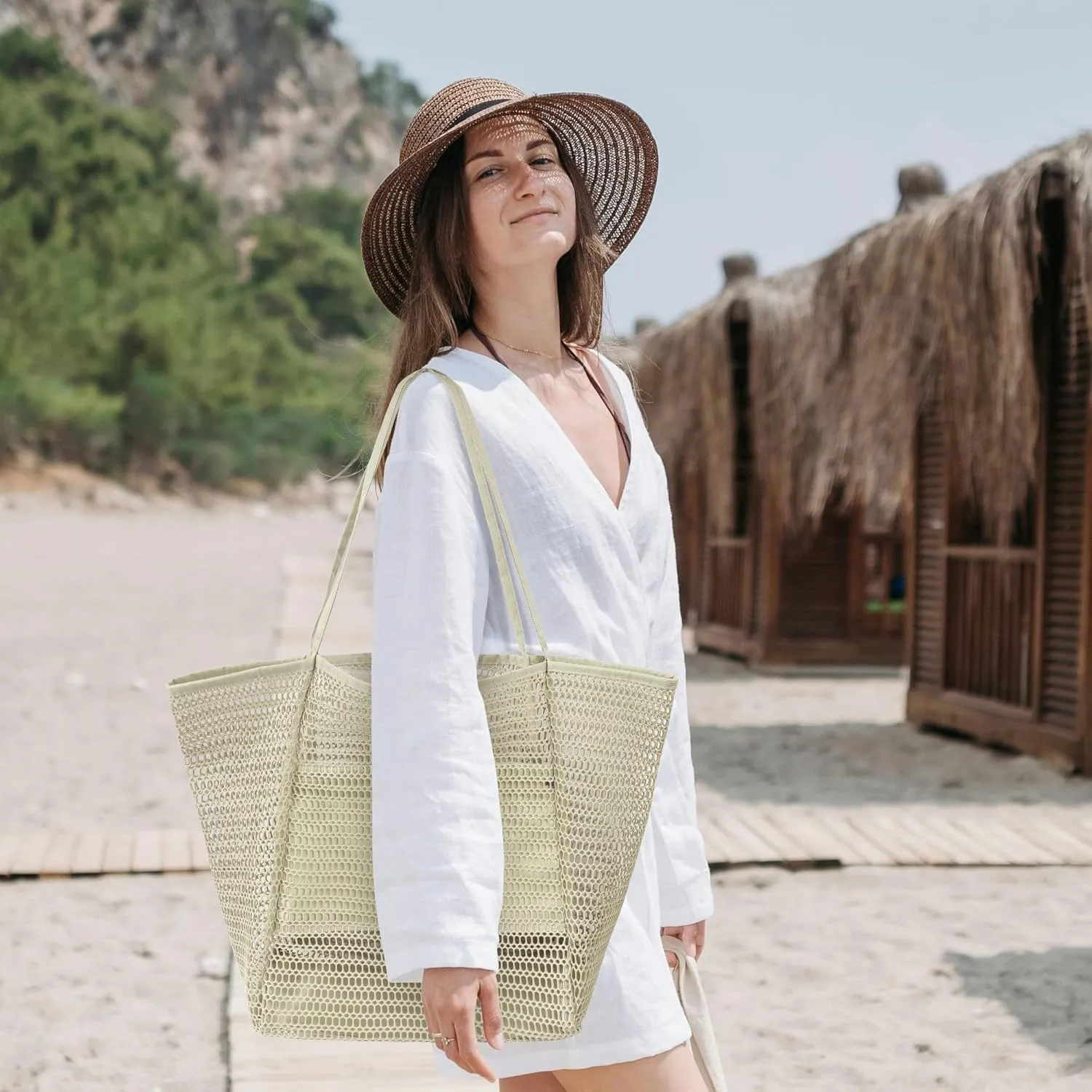 VOROLO Mesh Tote Beach Bag,Women Fairycore Hobo Bag,Shoulder Bag,Soft Summer Casual Crochet Bags