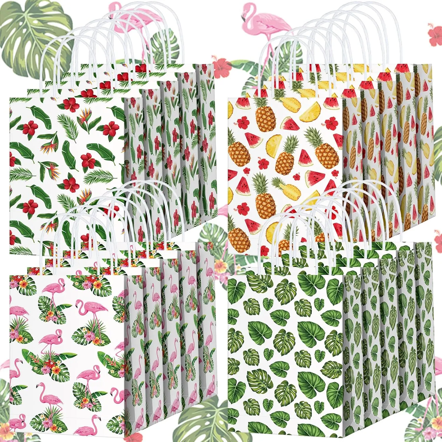 Yeaqee 24 Pcs Hawaiian Tropical Gift Bag Aloha Festival Goodie Bags with Handles Palm Leaf Paper Gift Bags Luau Favor Bag for Summer Beach Baby Shower Birthday Party Supplies,8.3 x 5.9 x 3.2 Inches